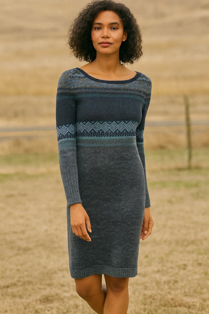 Peruvian Connection Knit Long Sleeve Dress Wool Alpaca Pima Cotton XS Fair Isle
